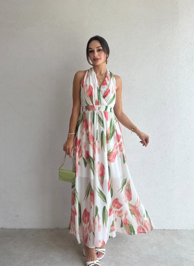 Halsey - Maxi Dress with Floral Pattern and Halter Neck