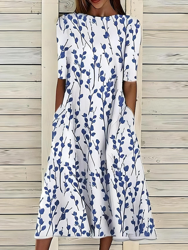 Céleste | Midi Summer Dress with Coastal Flowers and Round Neckline