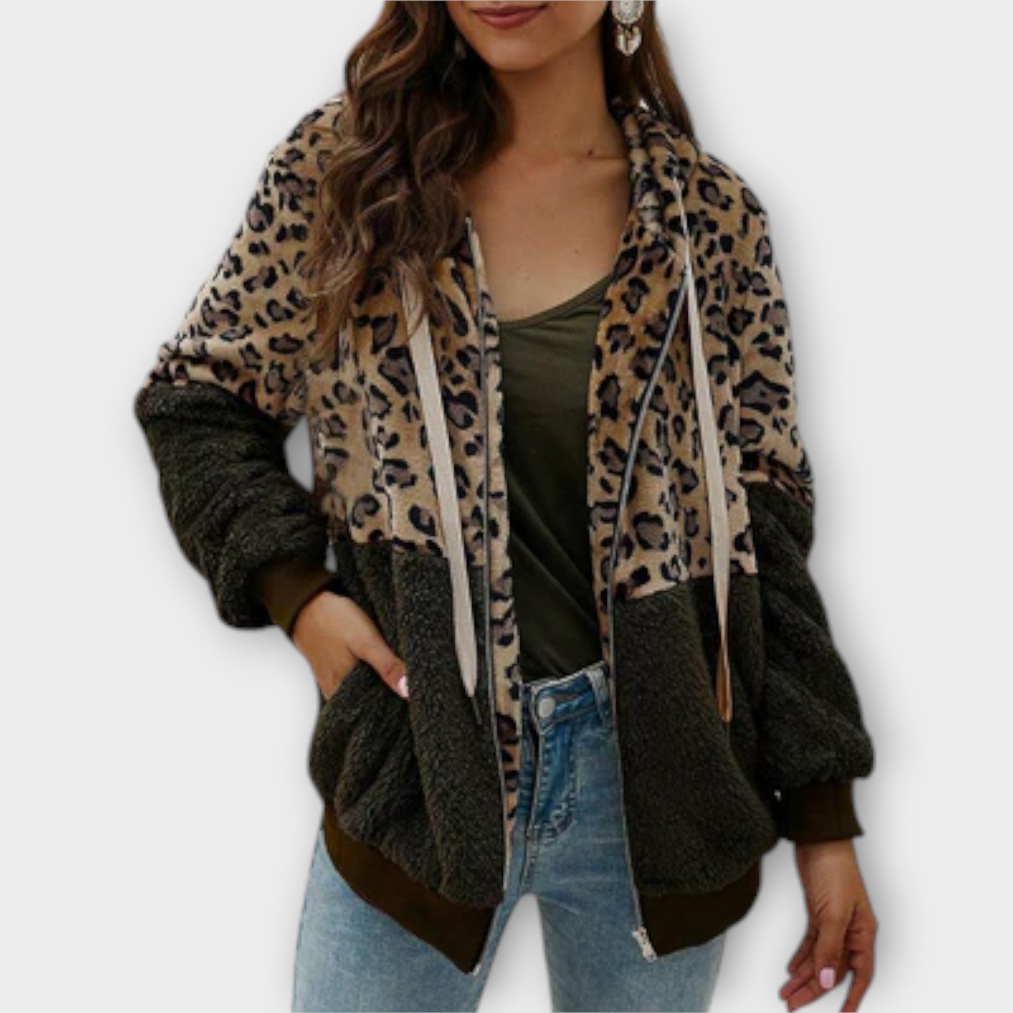 Fleece Hoodie with Leopard Design