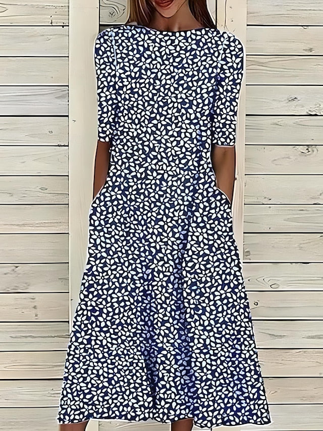 Céleste | Midi Summer Dress with Coastal Flowers and Round Neckline