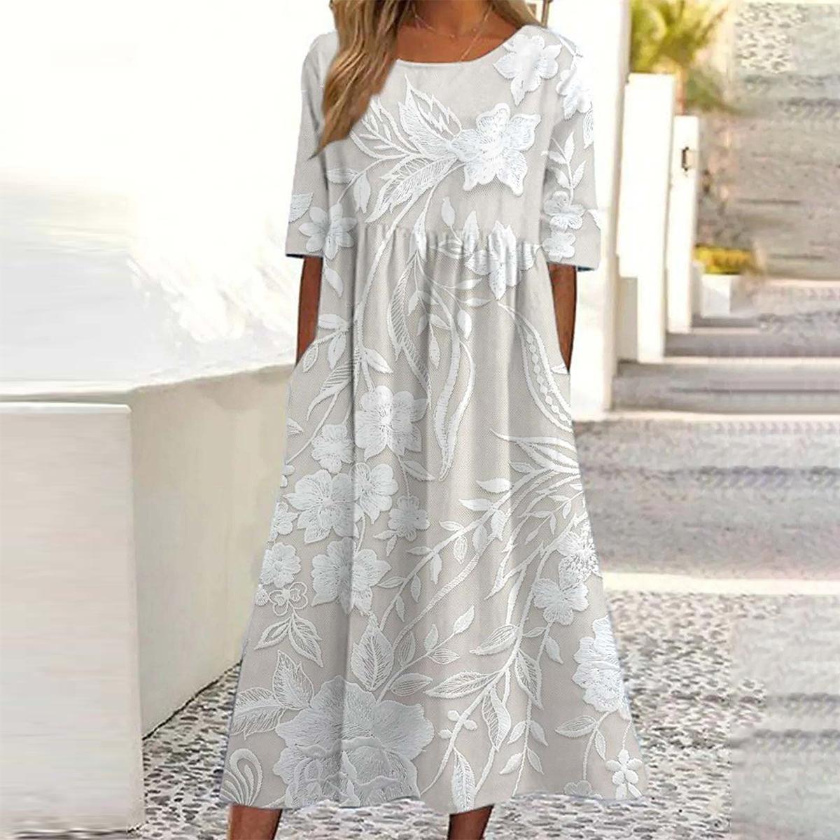 Maelle – Classic Midi Dress with Print & Side Pockets