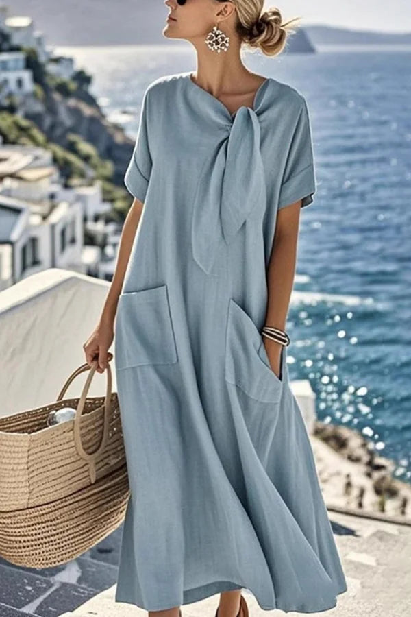 Anette - Short Sleeve Tie Band Round Neck