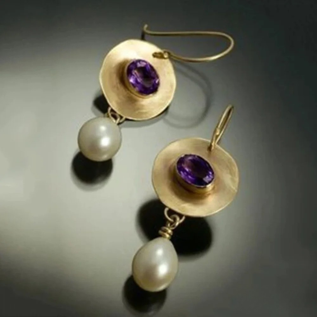 Golden Purple Zirconia Pearl Earrings