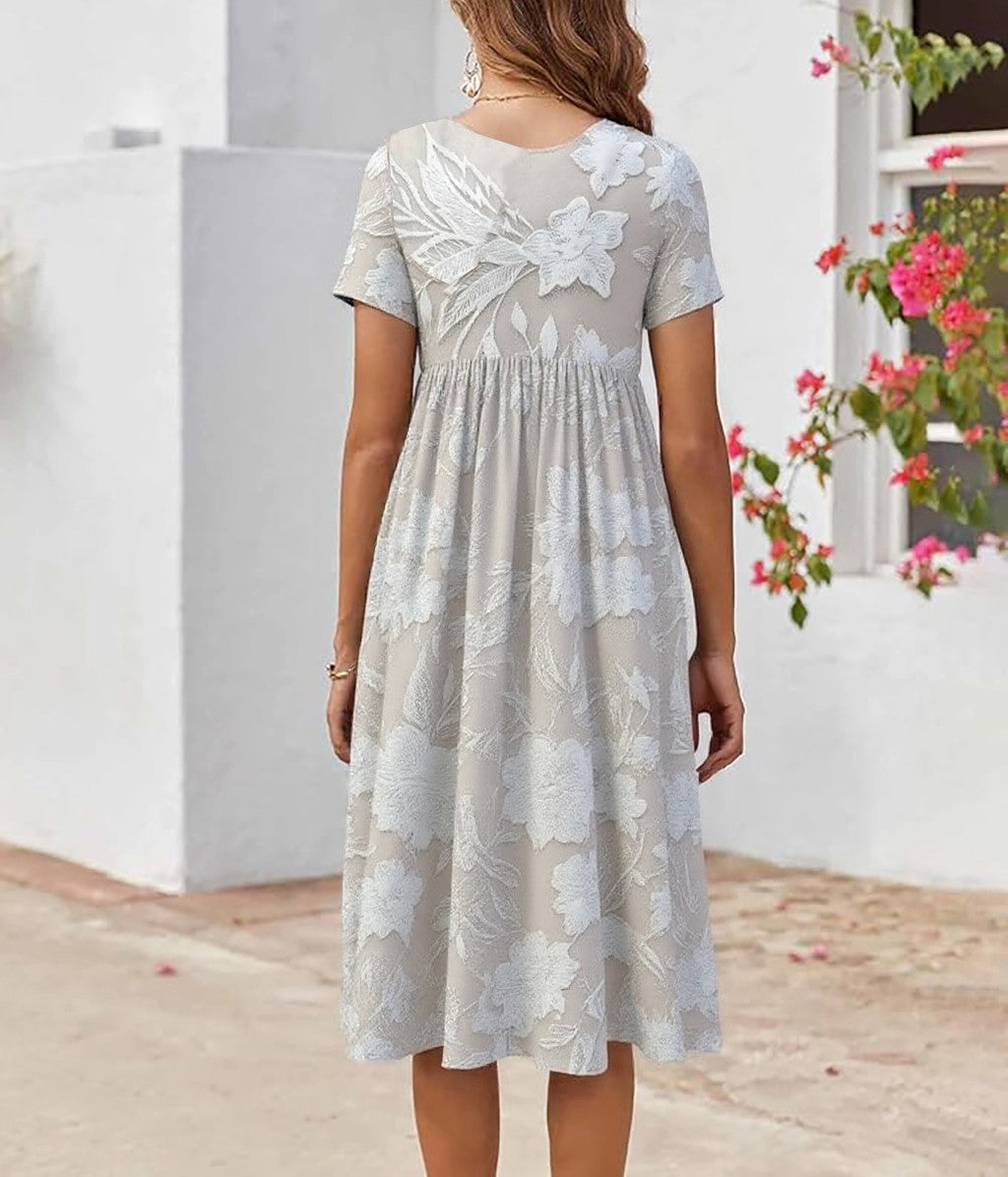 Maelle – Classic Midi Dress with Print & Side Pockets