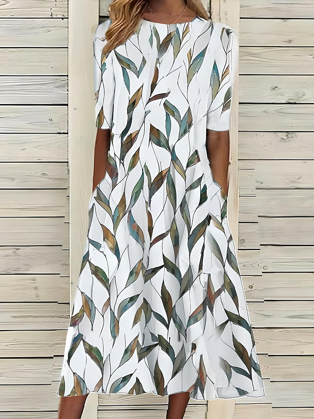 Céleste | Midi Summer Dress with Coastal Flowers and Round Neckline