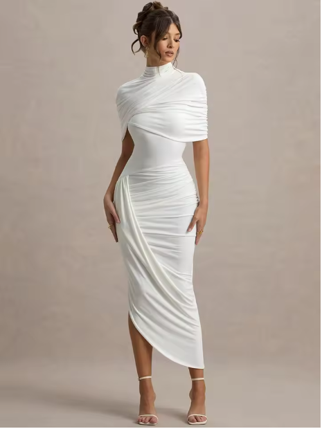 Taylor - Asymmetrical, Twisted Cape Maxi Dress