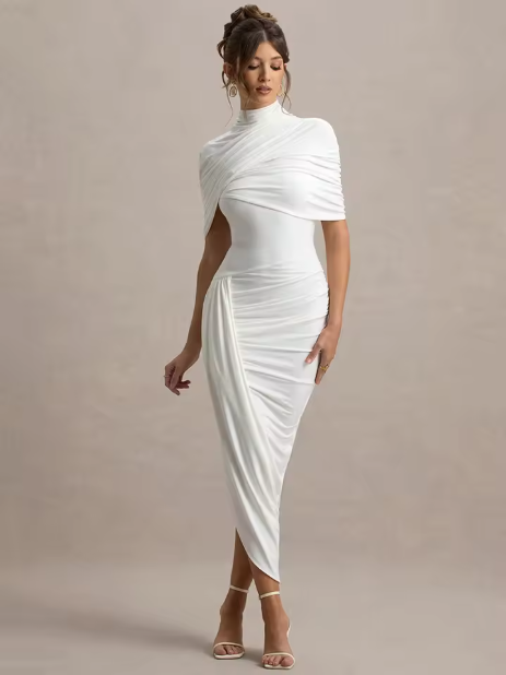 Taylor - Asymmetrical, Twisted Cape Maxi Dress