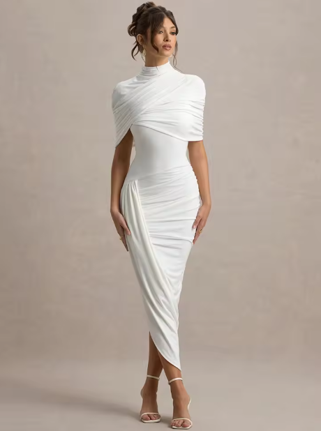 Taylor - Asymmetrical, Twisted Cape Maxi Dress